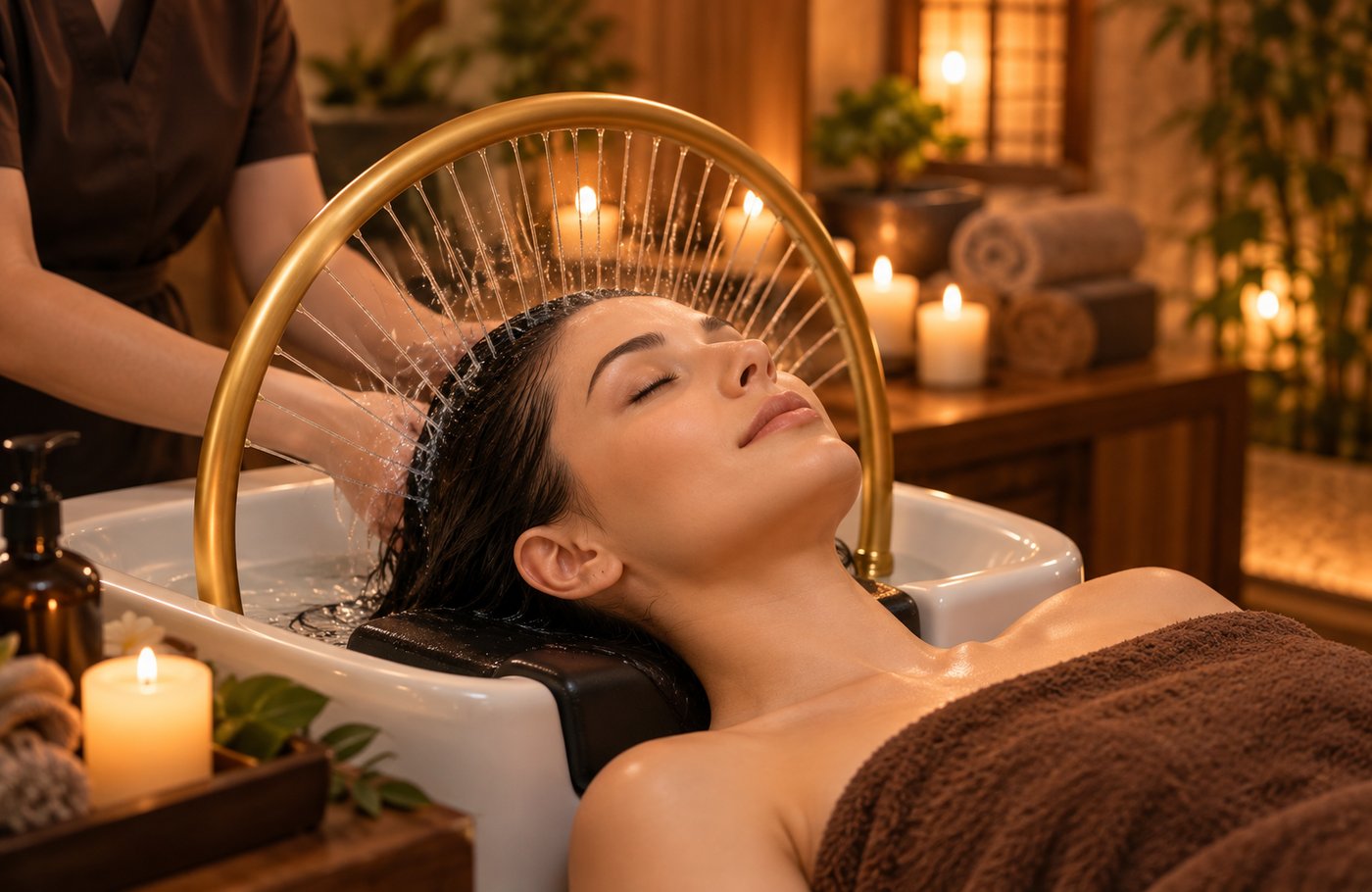 Head-Spa-Behandlung mit Wasserfallring in warmer Spa-Atmosphäre